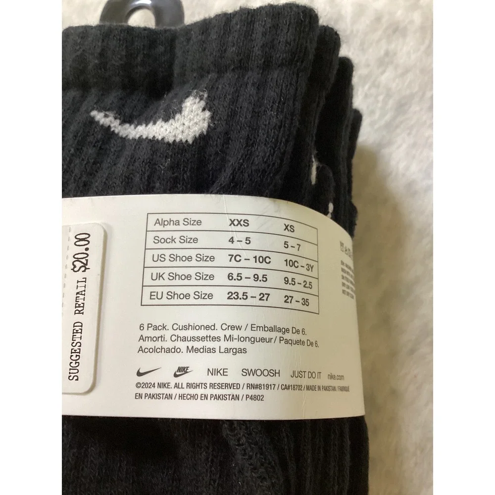 Nike‎ Kids Everyday Cushioned Crew Socks 6 Pack Black Dri-FIT UN0019-023 10c-3y